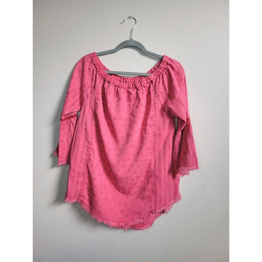 Billy T Womens Coral Paisley‎ Top Bell Sleeves Raw Hem Boat Neck Boho Sz S